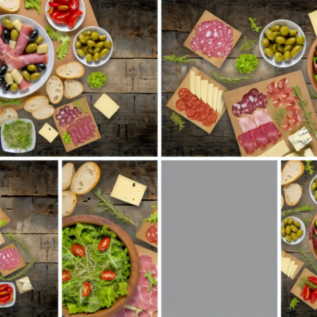 Antipasti tálak és friss saláták faasztalon tálalva