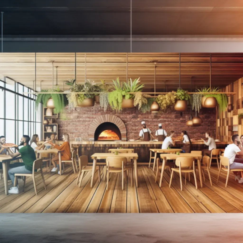 Hangulatos pizzéria belső, faasztalokkal és meleg fényekkel