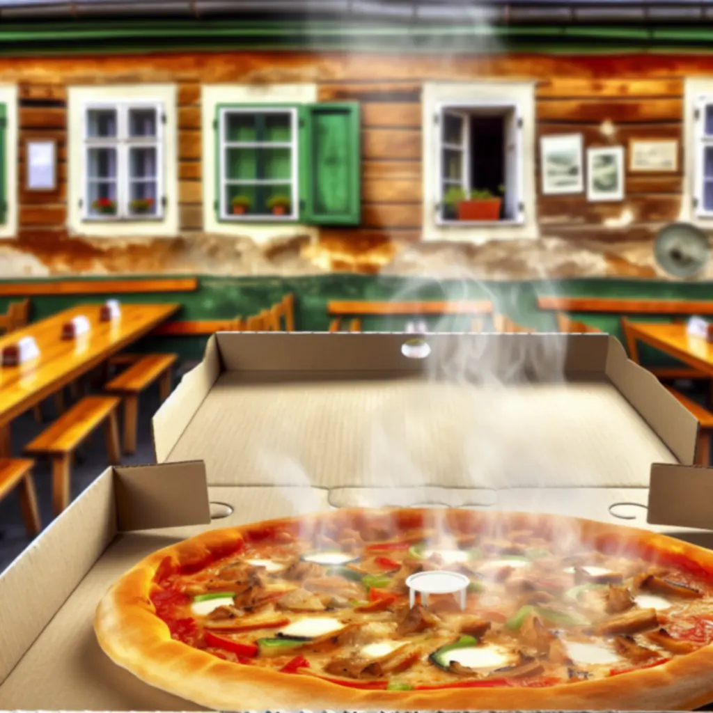 Frissen sült pizza elviteles dobozban, még gőzölögve