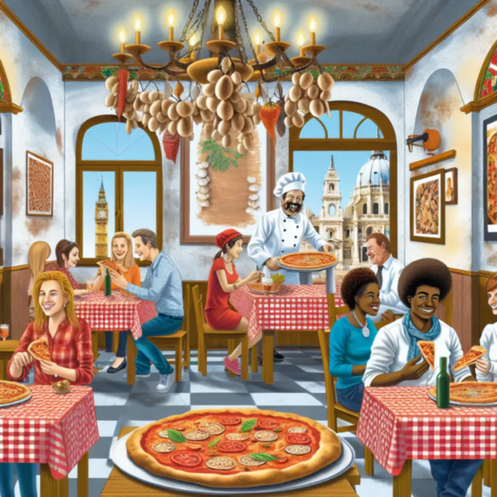 Vendégek olasz pizzéria hangulatban, friss pizzákkal az asztalon.