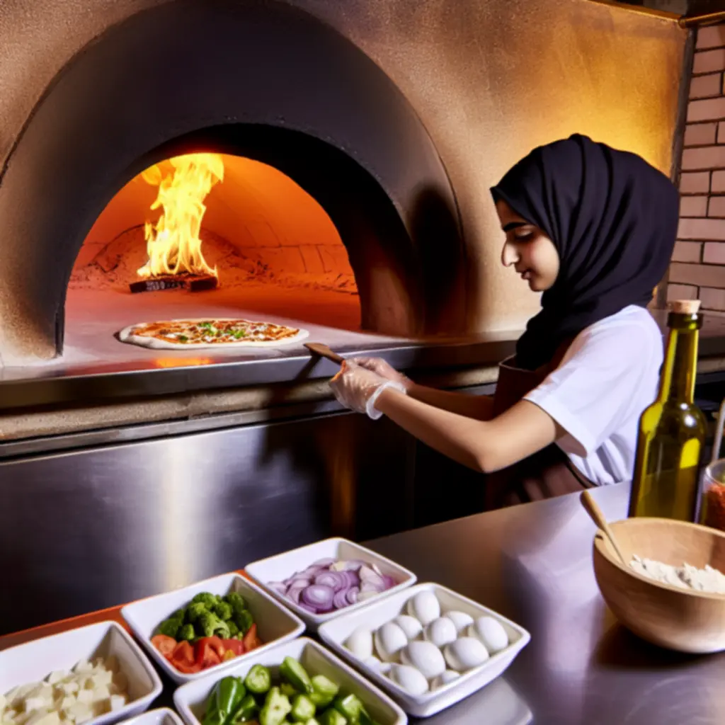 Pizzaszakács pizzát készít fatüzelésű kemencében látványkonyhában.