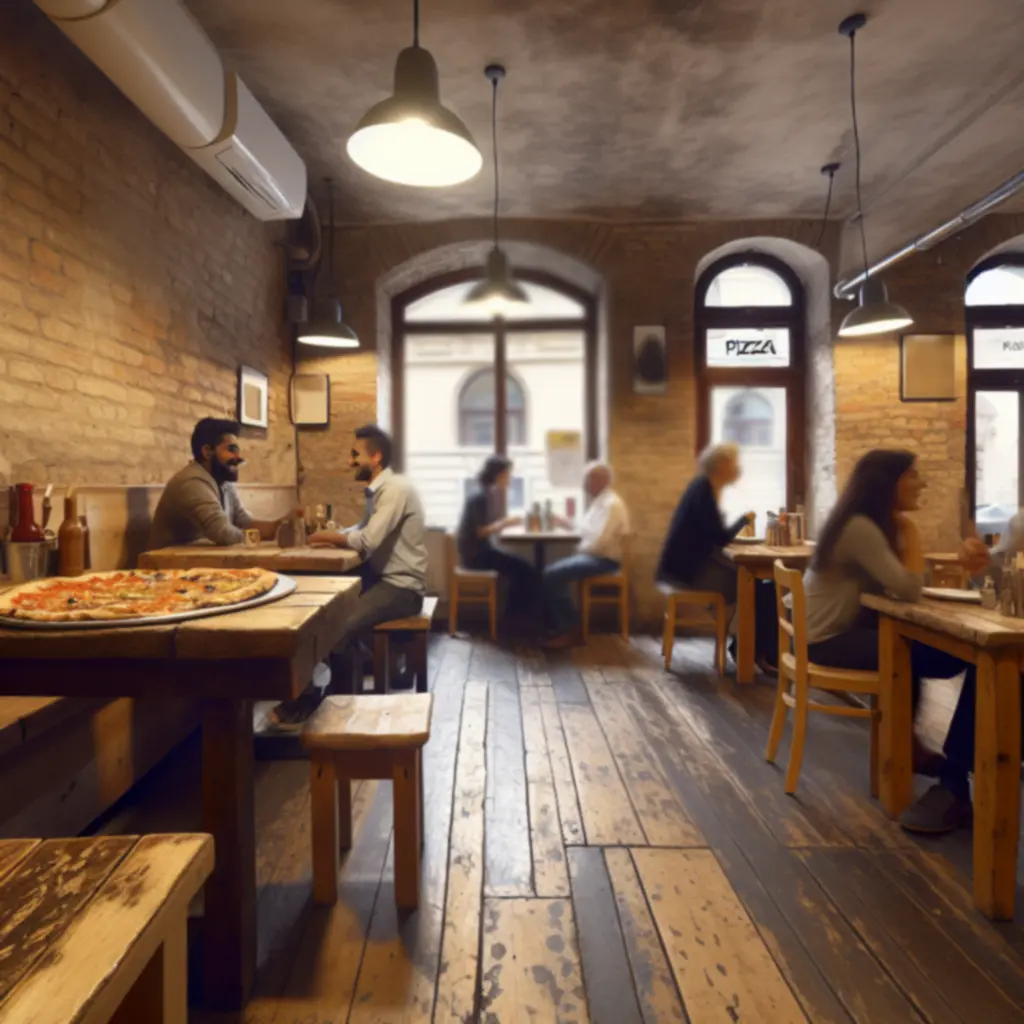 Meleg fényű, rusztikus pizzéria belső tér fából készült bútorokkal és tégla falakkal