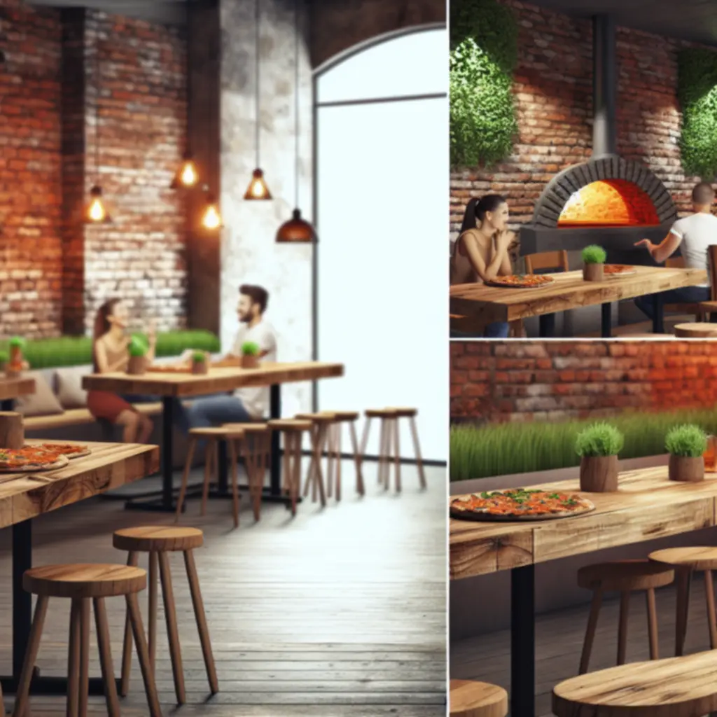 Meleg fényekkel megvilágított, rusztikus belső tér a Pizzastudiohub pizzeriában.