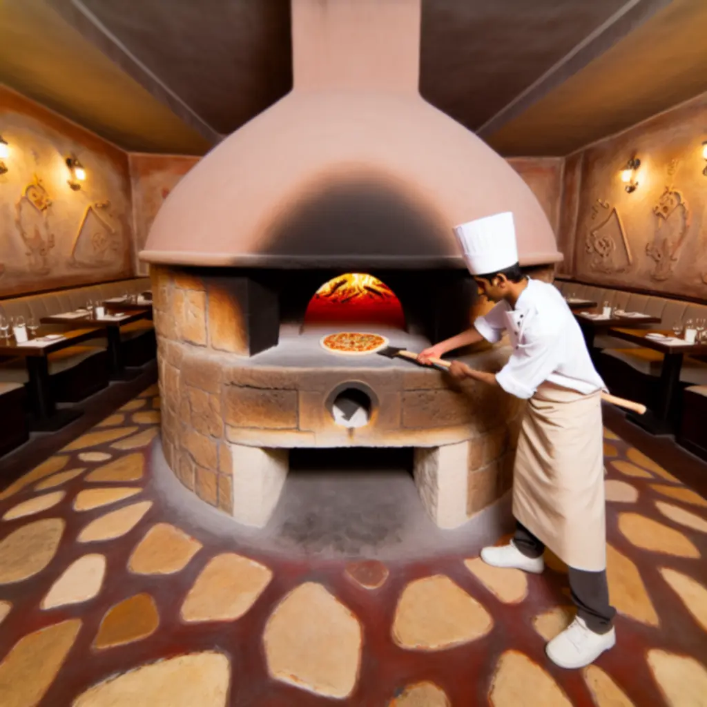 Fa tüzelésű pizzasütő kemence, amelyben friss pizza sül a lángok mellett