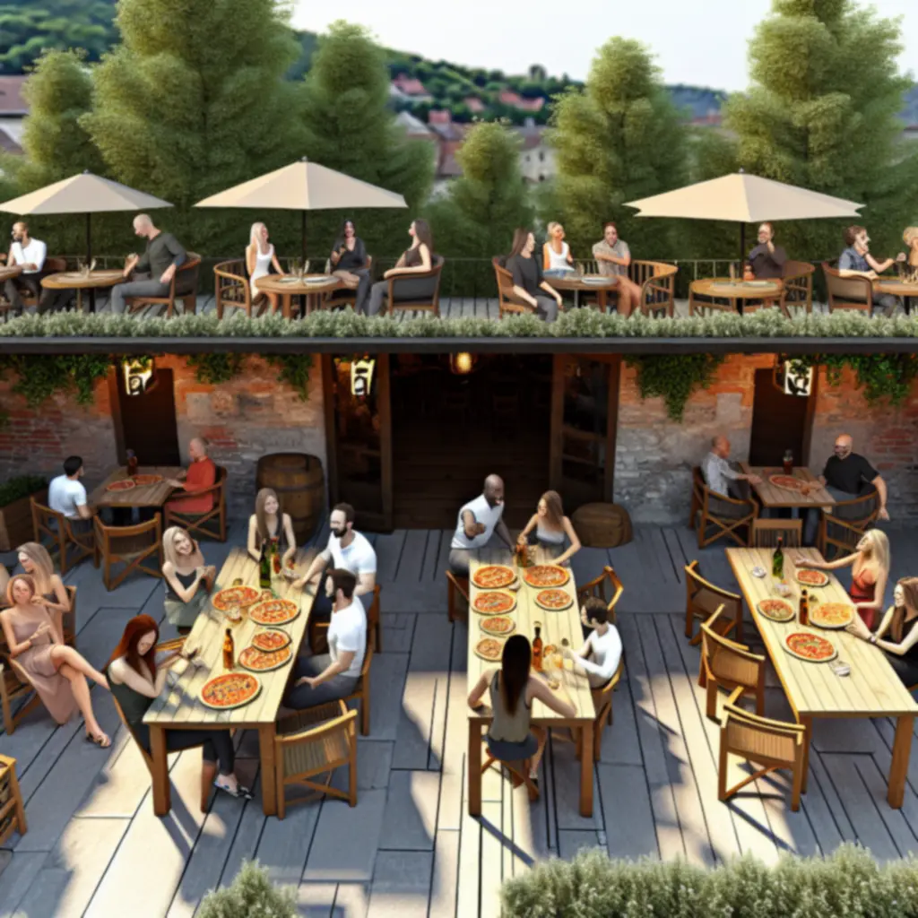 Rusztikus kialakítású pizzéria terasz lombos növényekkel és fa kerti bútorokkal