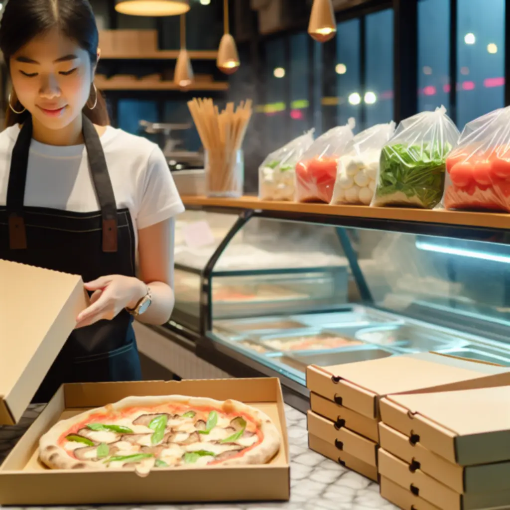 Elviteles pult pizzás dobozokkal egy pizzeriában