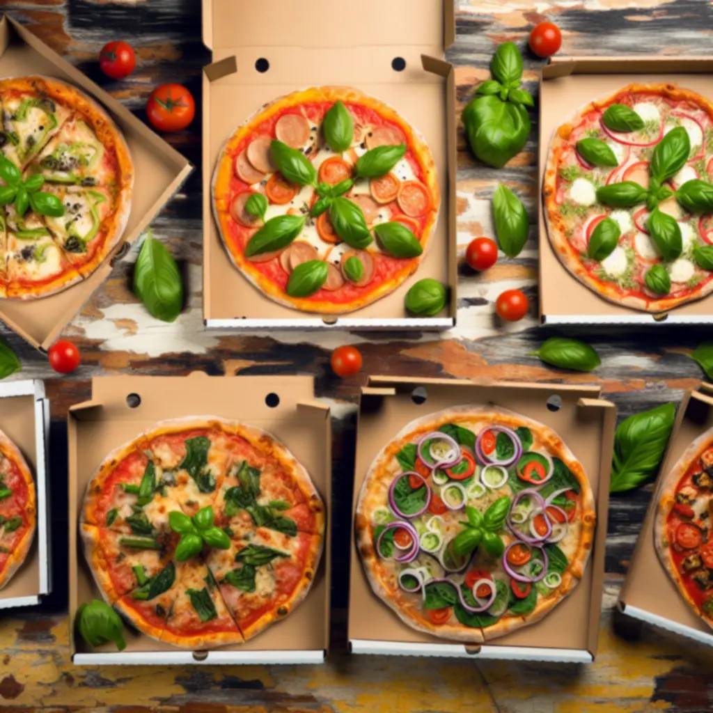 Különböző elviteles pizzák dobozban, friss feltétekkel
