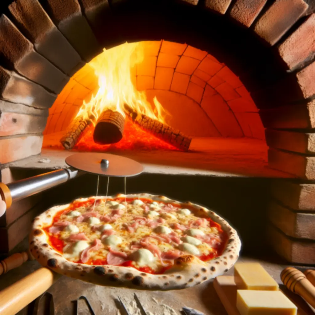 Fatüzelésű kemencében sülő pizza