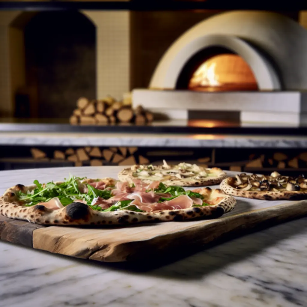 Fatüzelésű pizzák válogatása rusztikus deszkán